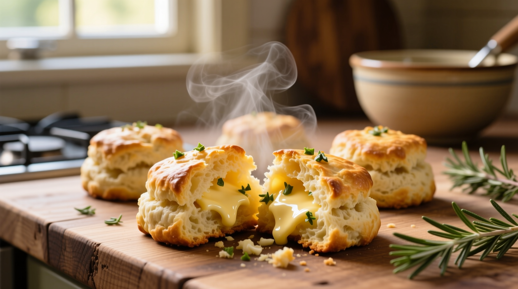 Golden cheddar garlic biscuits fresh from oven