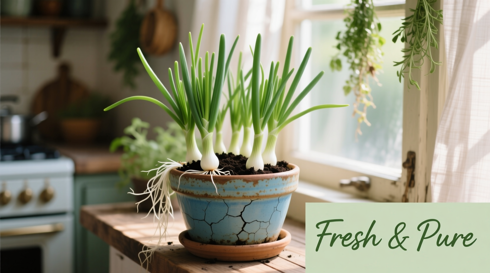 Green onions growing in container garden