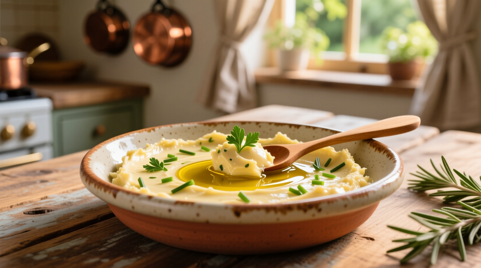 Homemade garlic butter spread in a ceramic dish with fresh herbs
