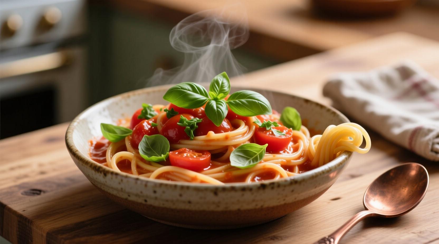 Creamy tomato pasta with fresh basil garnish
