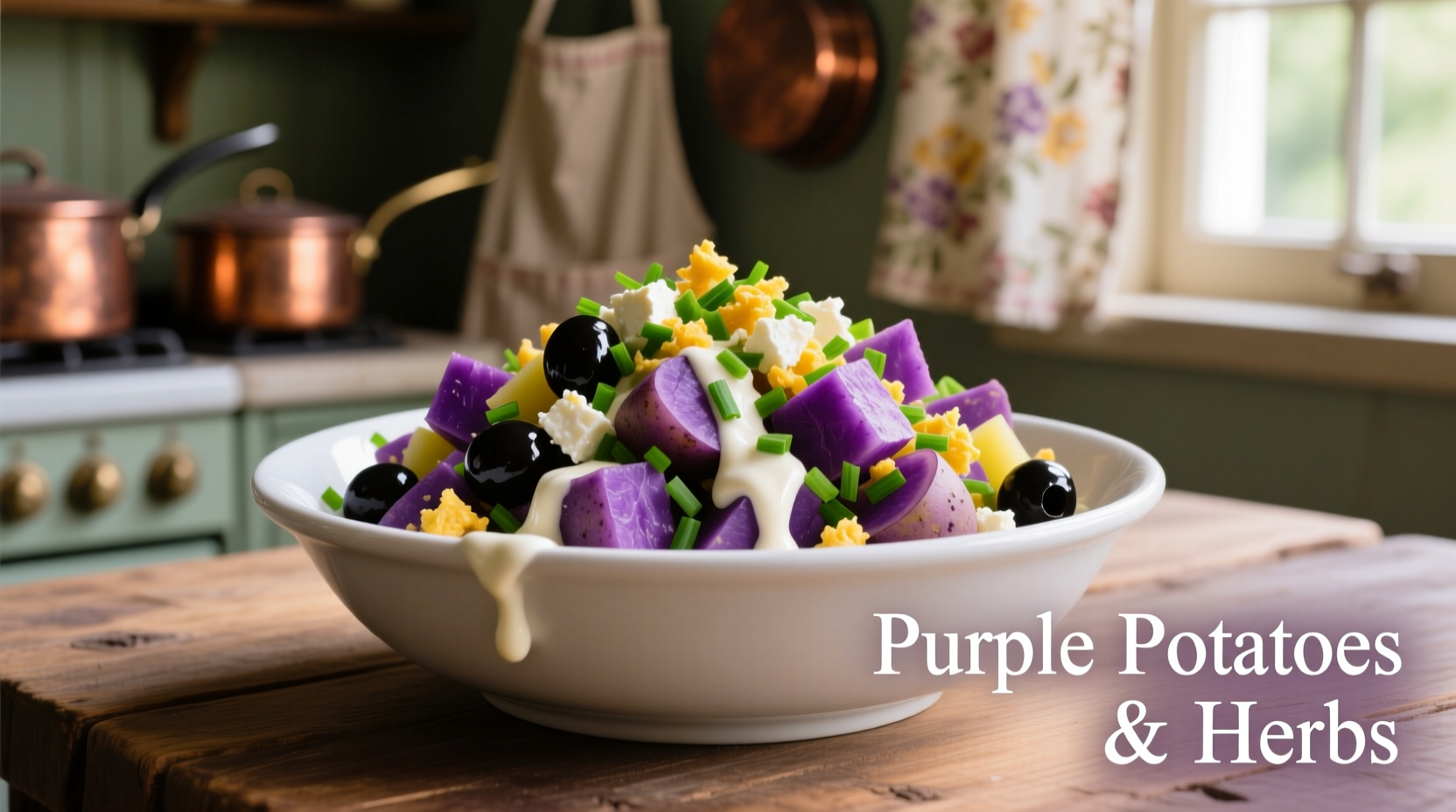 Vibrant purple potato salad in white ceramic bowl