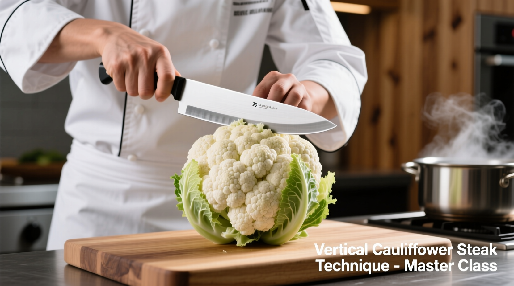 Chef demonstrating vertical cauliflower steak cutting technique