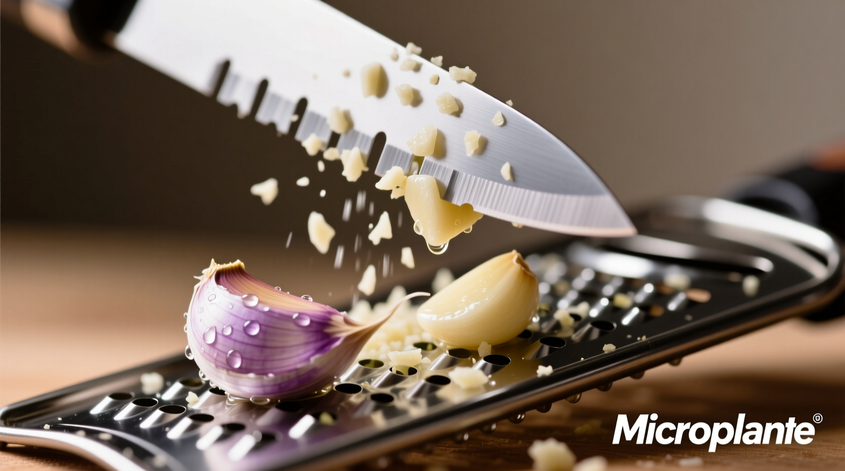 Microplane grater efficiently grating fresh garlic cloves