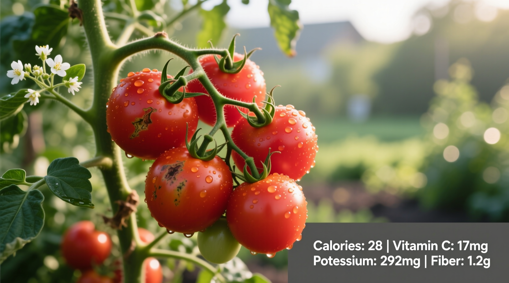 Fresh tomatoes on vine with nutritional information
