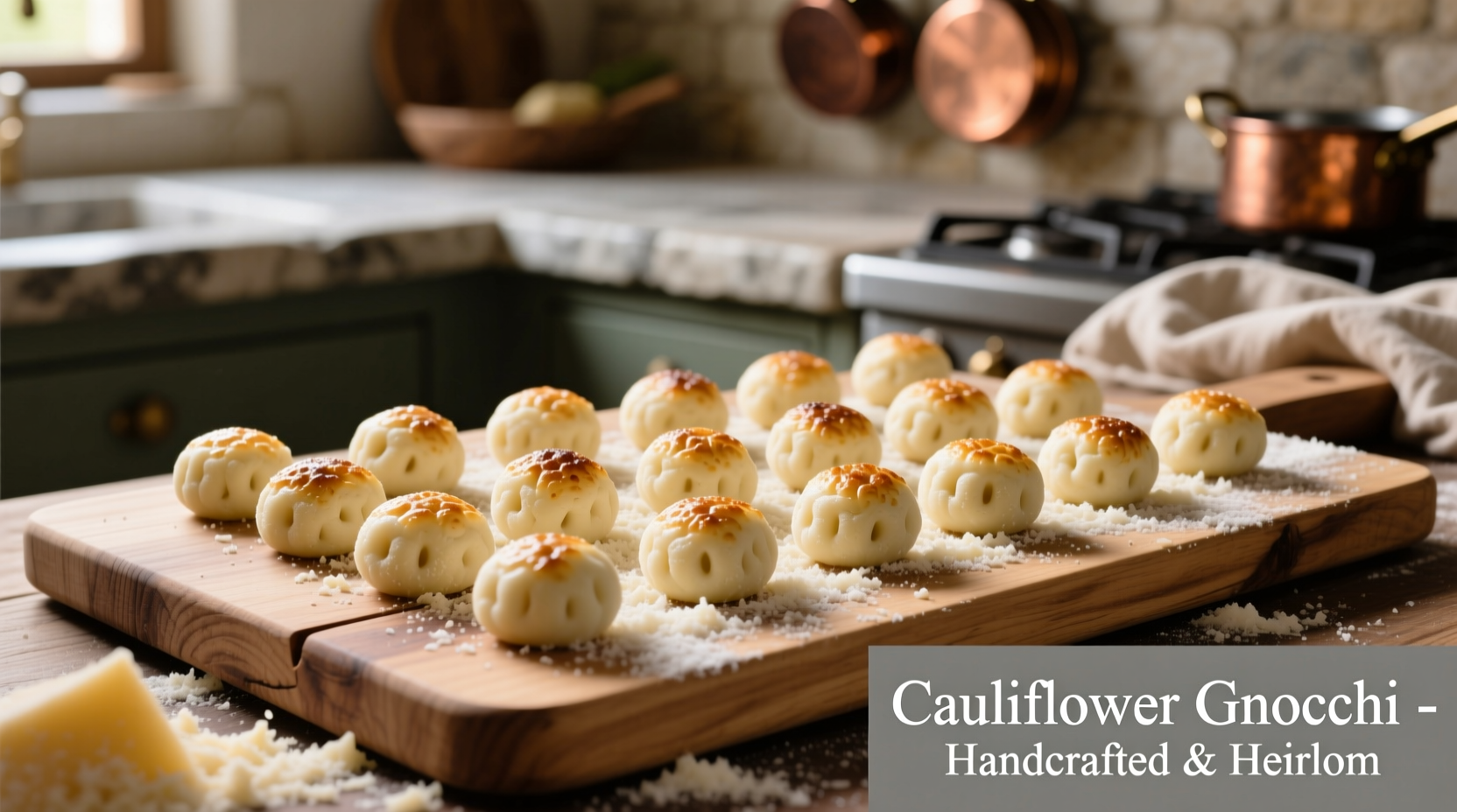 Perfectly formed cauliflower gnocchi on wooden board
