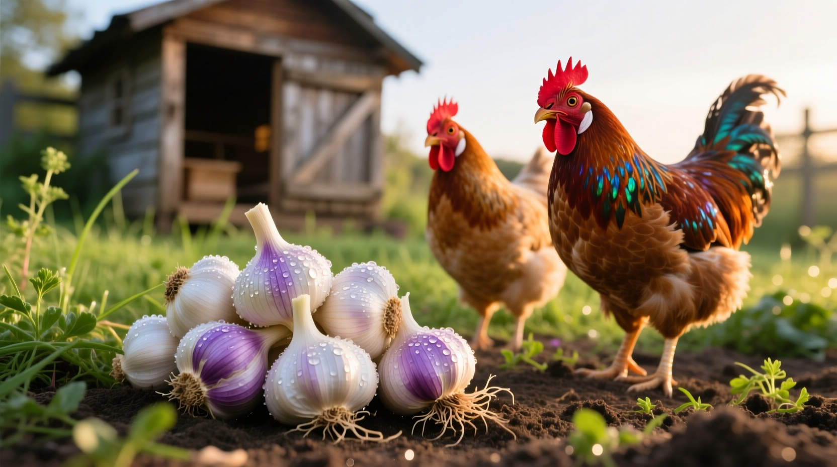 Fresh garlic cloves next to healthy backyard chickens