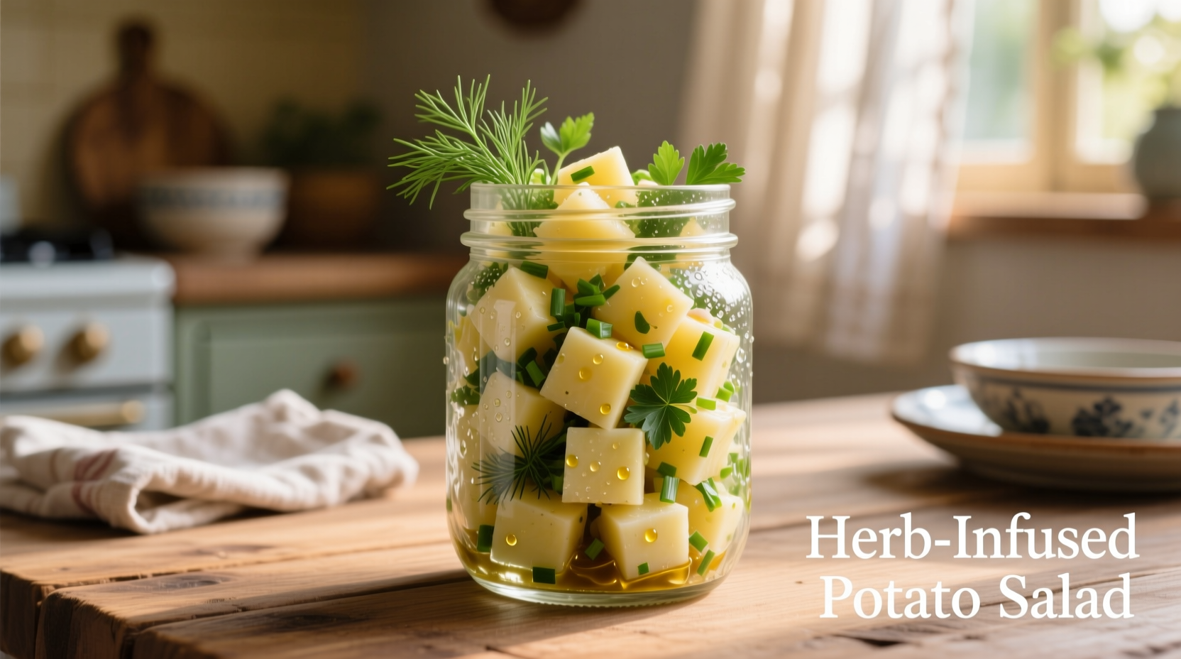 Freshly prepared potato salad with herbs in glass container
