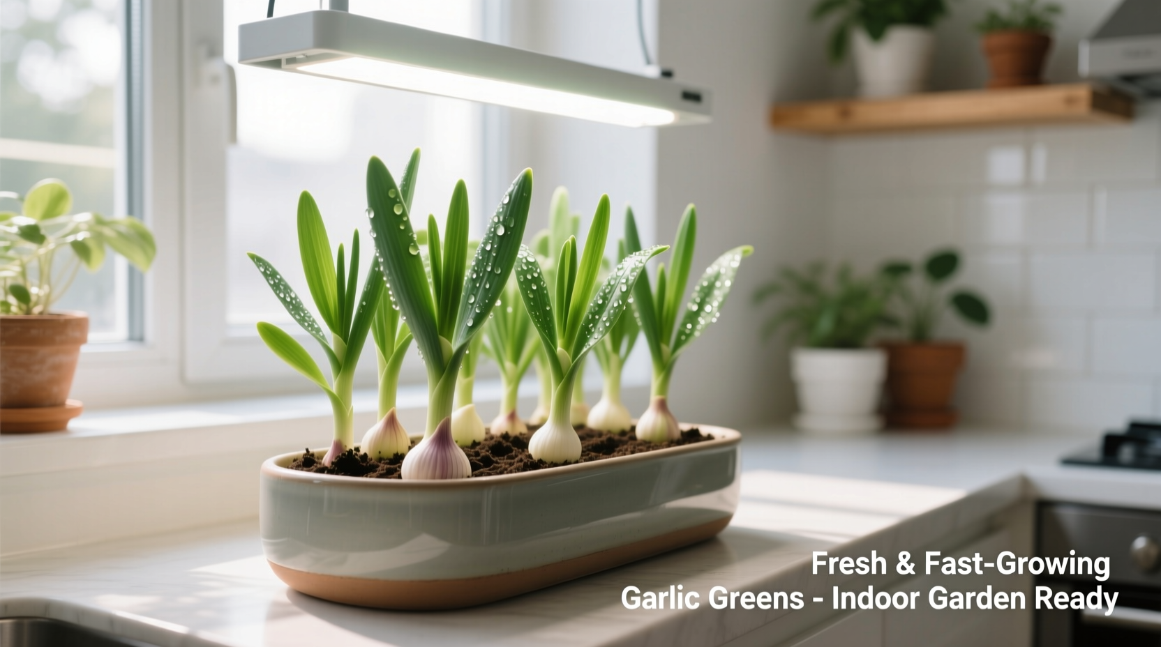 Indoor garlic greens growing in container with proper lighting
