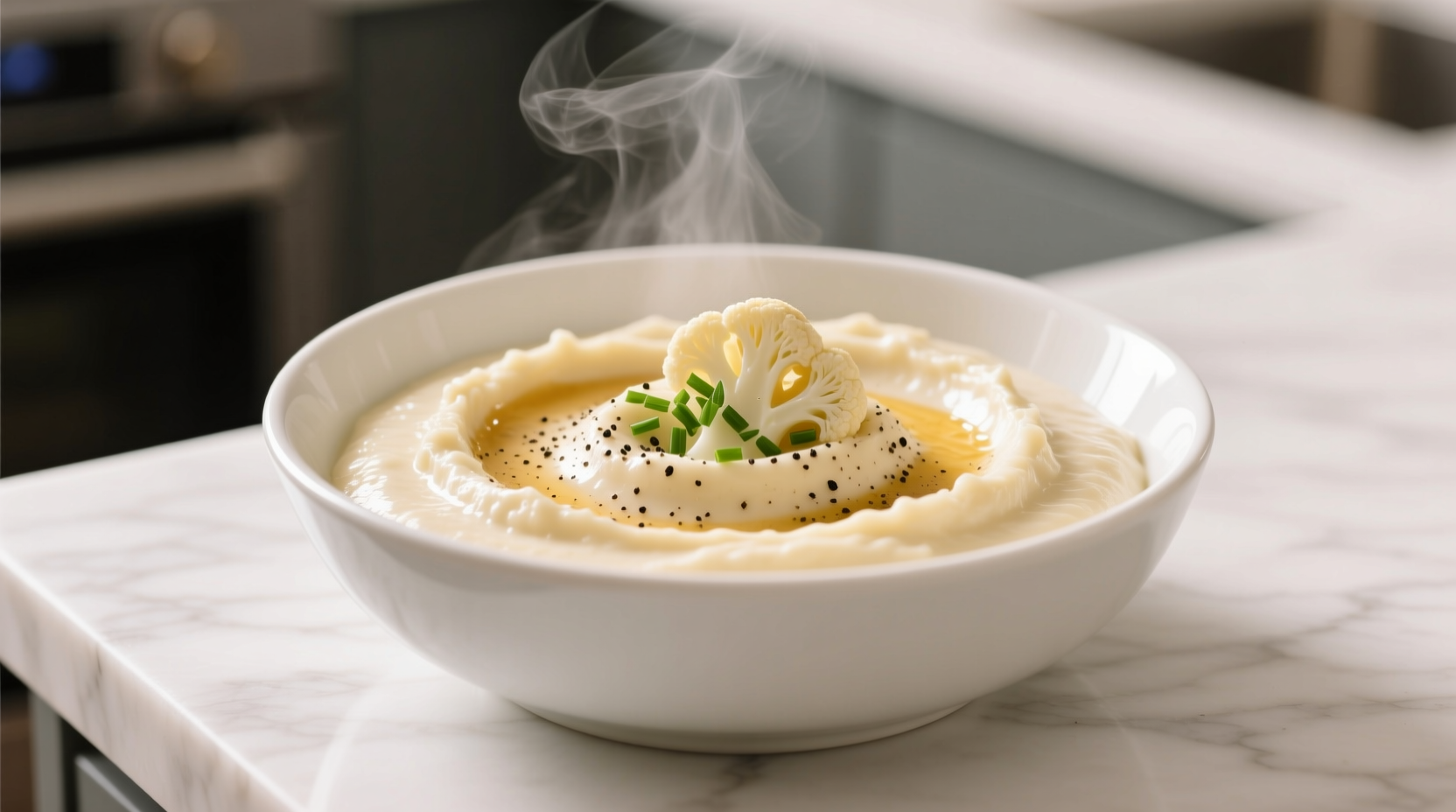 Smooth creamy cauliflower puree in white bowl