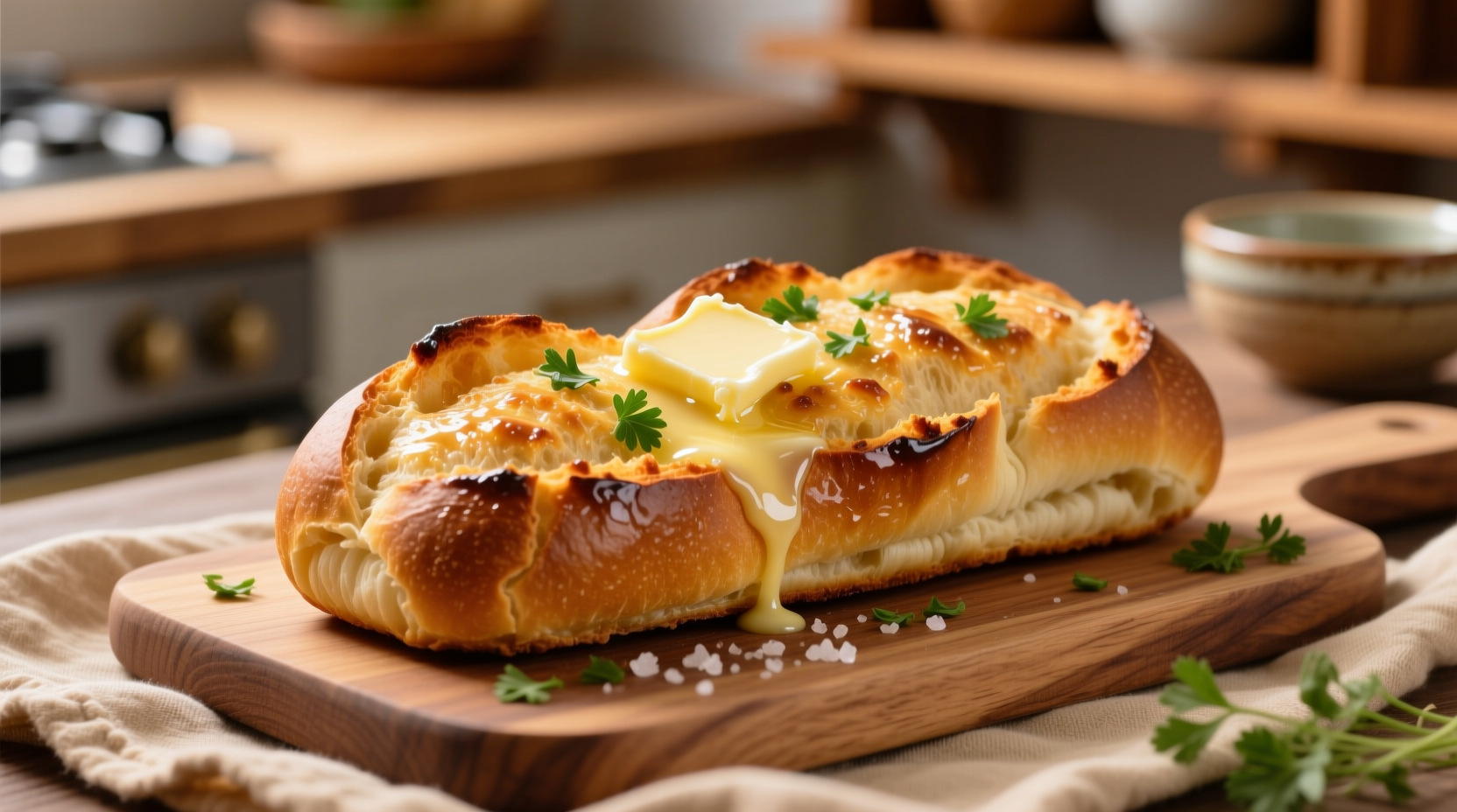 Golden brown garlic bread with melted butter