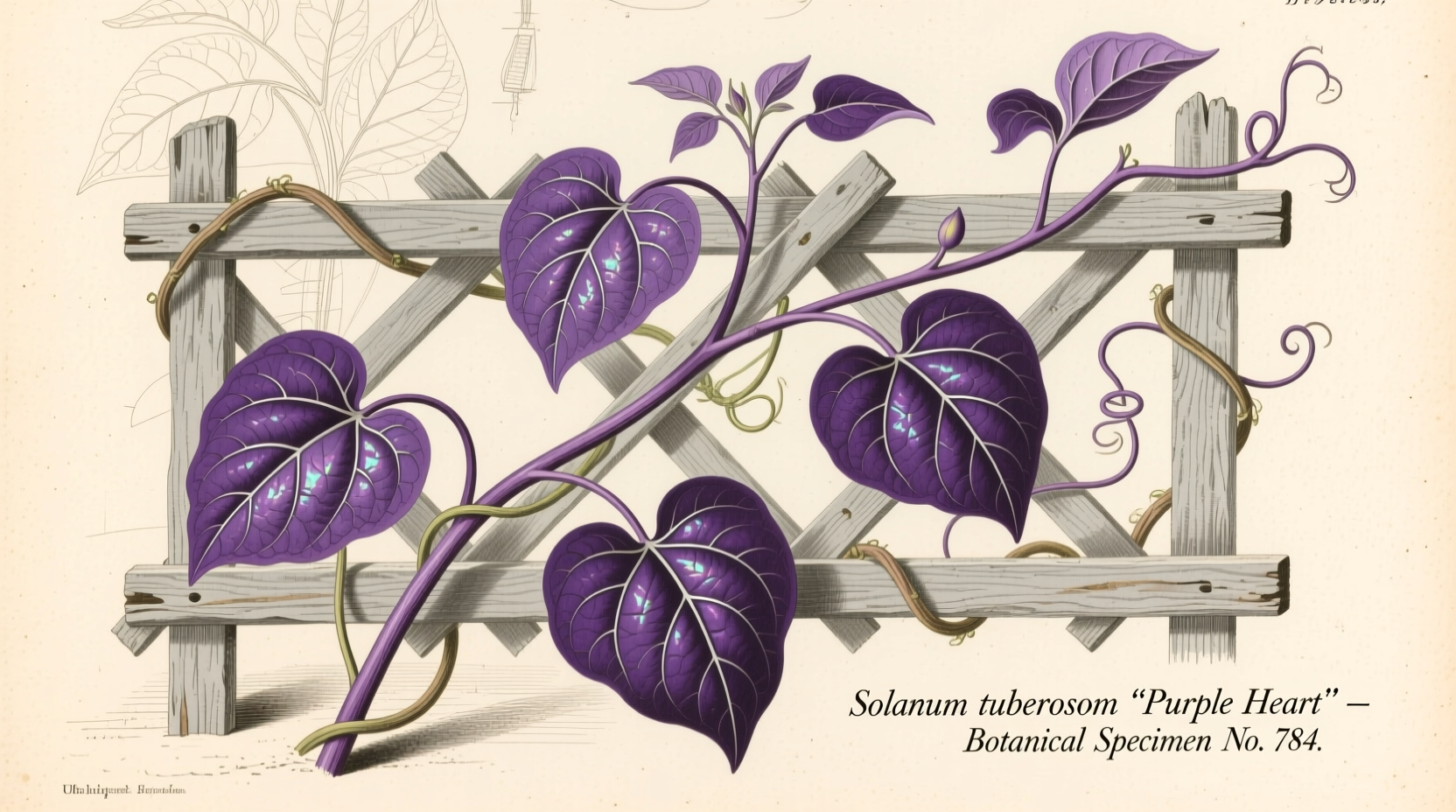 Purple potato vine growing on trellis with heart-shaped leaves