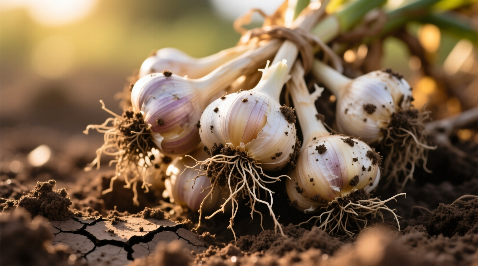 Close-up of harvested garlic bulbs with soil still attached