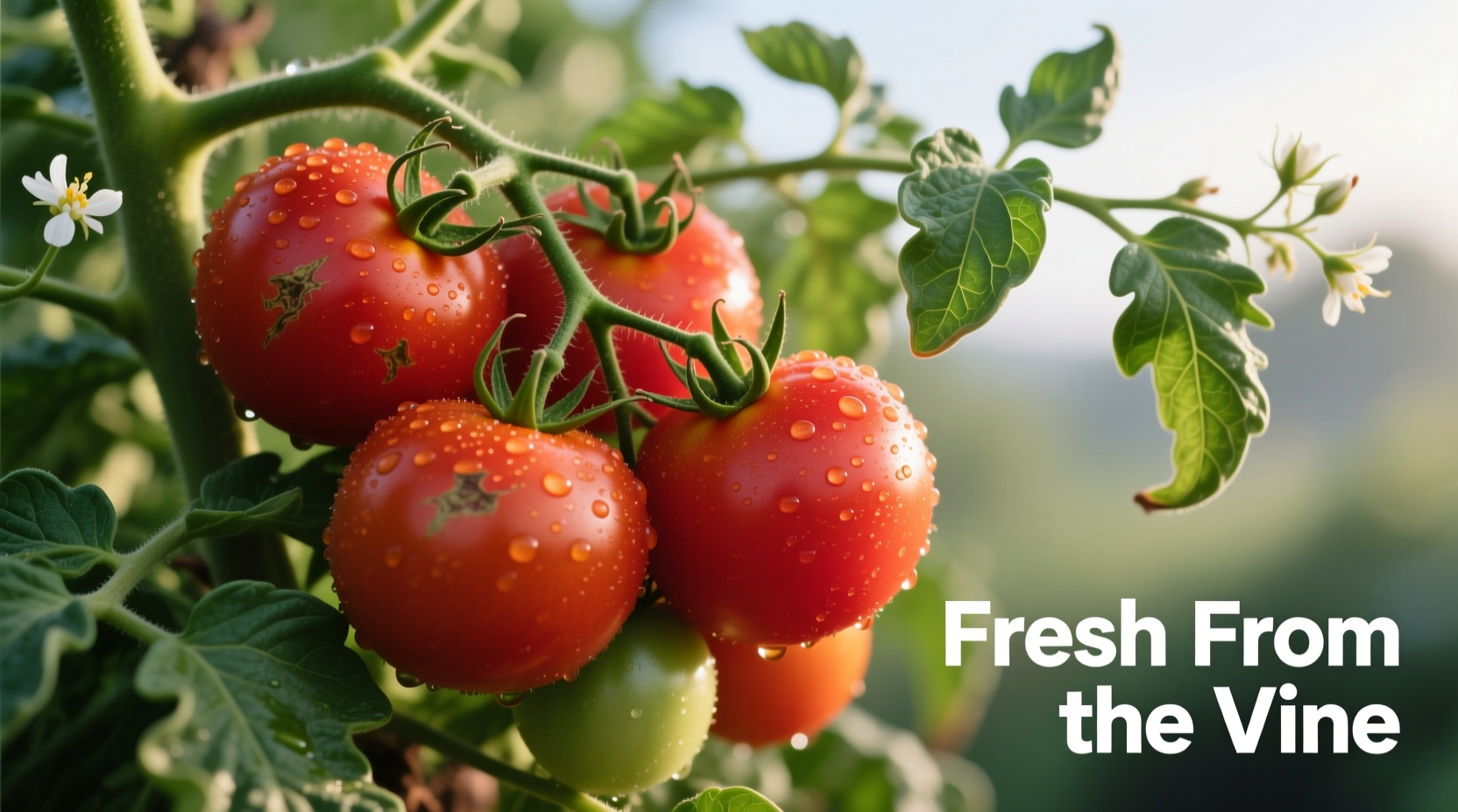 Fresh globe tomatoes on vine with green leaves