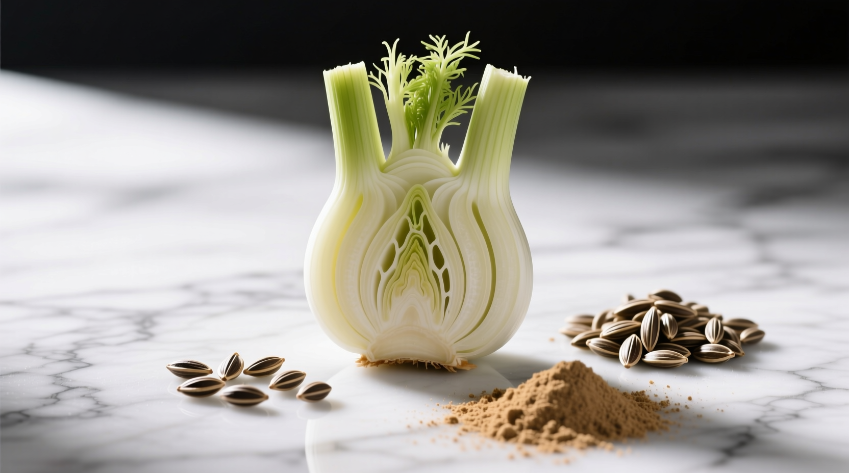Fennel bulb sliced vertically next to whole fennel seeds and freshly ground powder on marble surface