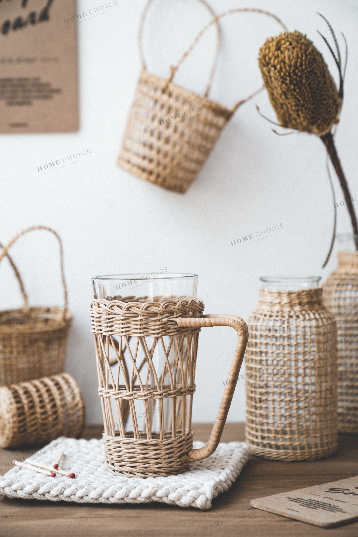 Hot sale coffee tea water clear transparent glass mug glass cup with rattan cup holder