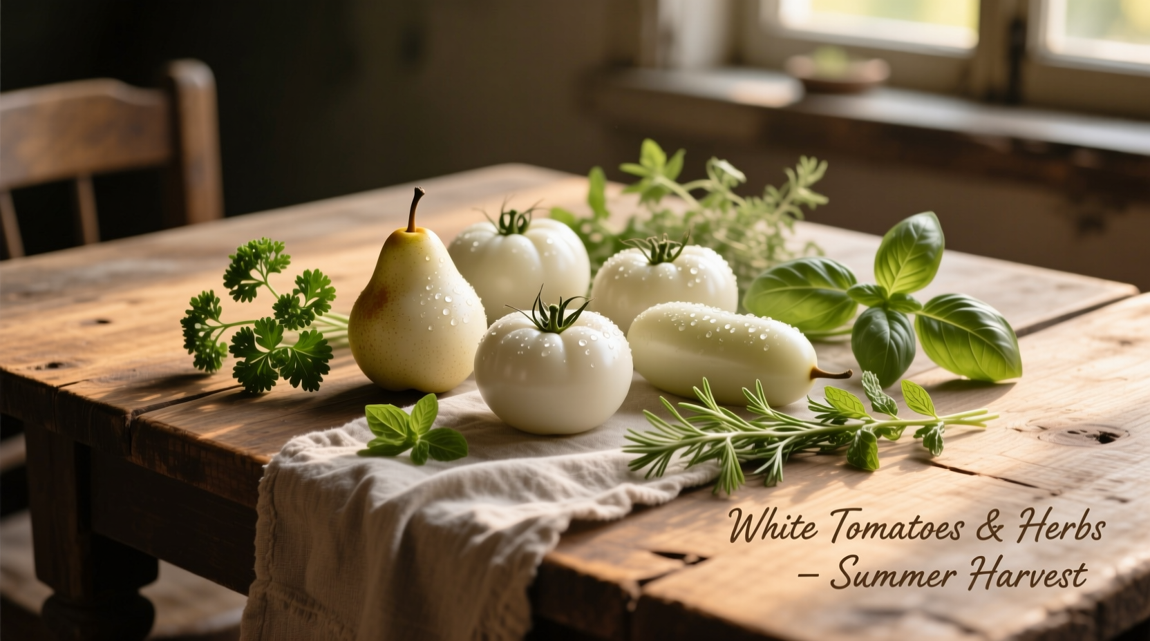 White tomato varieties on wooden table with fresh herbs