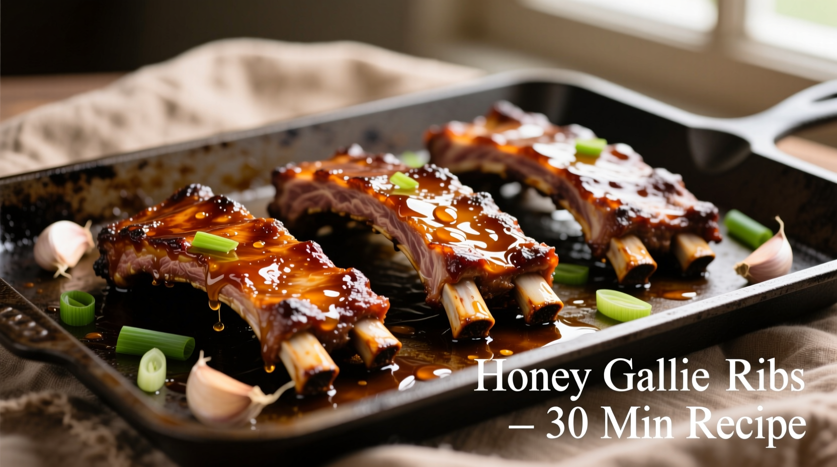 Honey garlic ribs on baking sheet with glaze