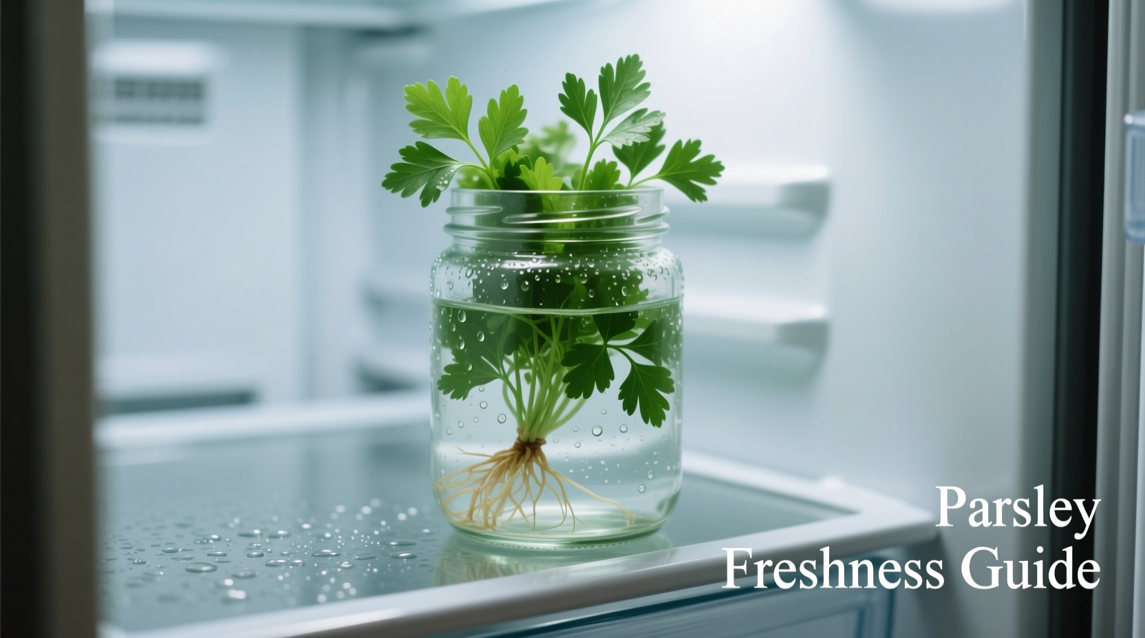 Parsley stored in glass with water in refrigerator