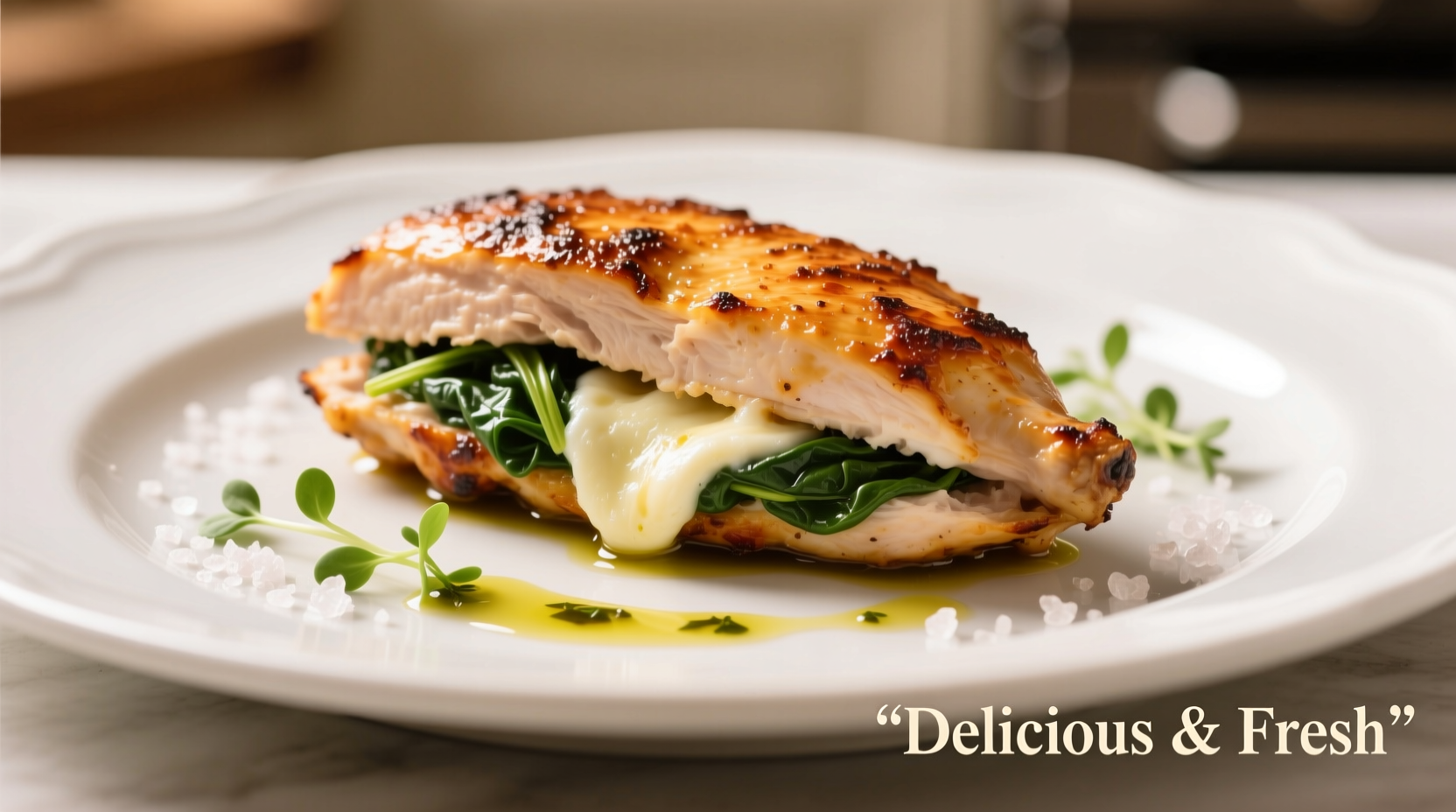 Stuffed chicken breast with spinach and cheese served on plate