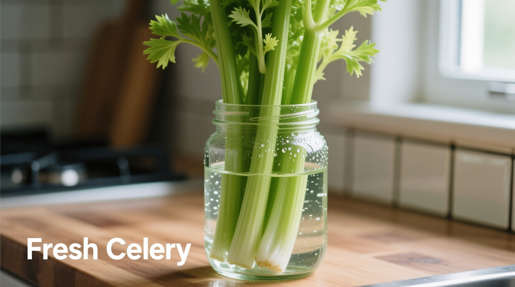 Celery stored upright in glass jar with water