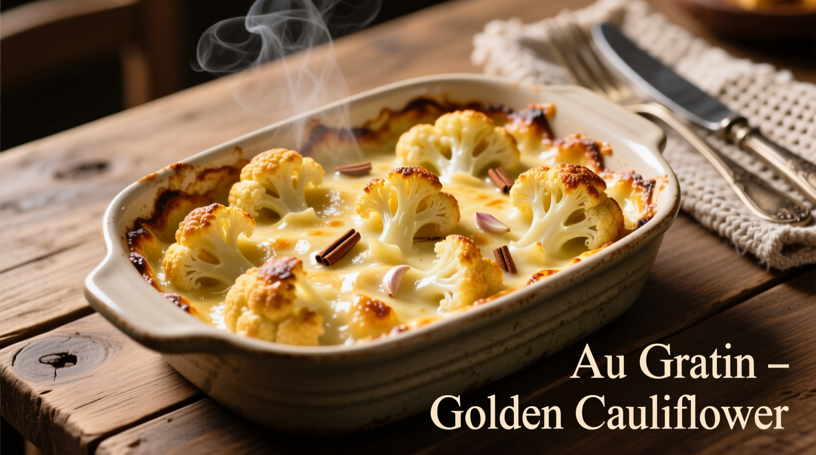 Golden cauliflower au gratin in ceramic baking dish