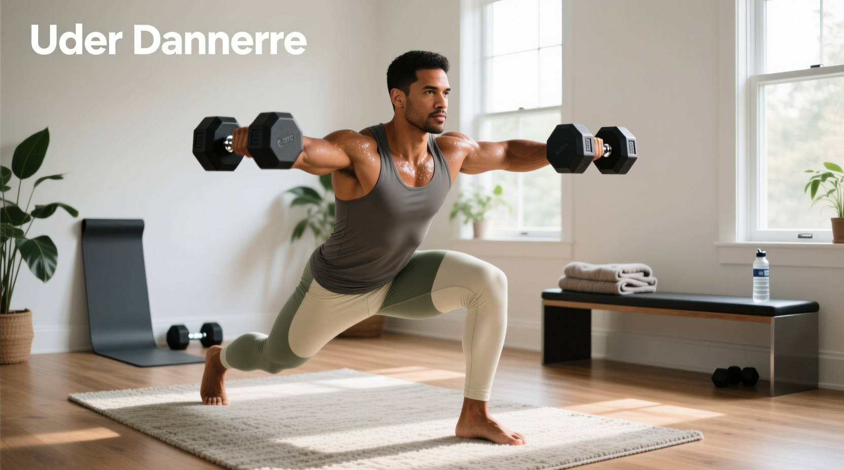 Man performing a dumbbell row at home using proper spine alignment and controlled motion