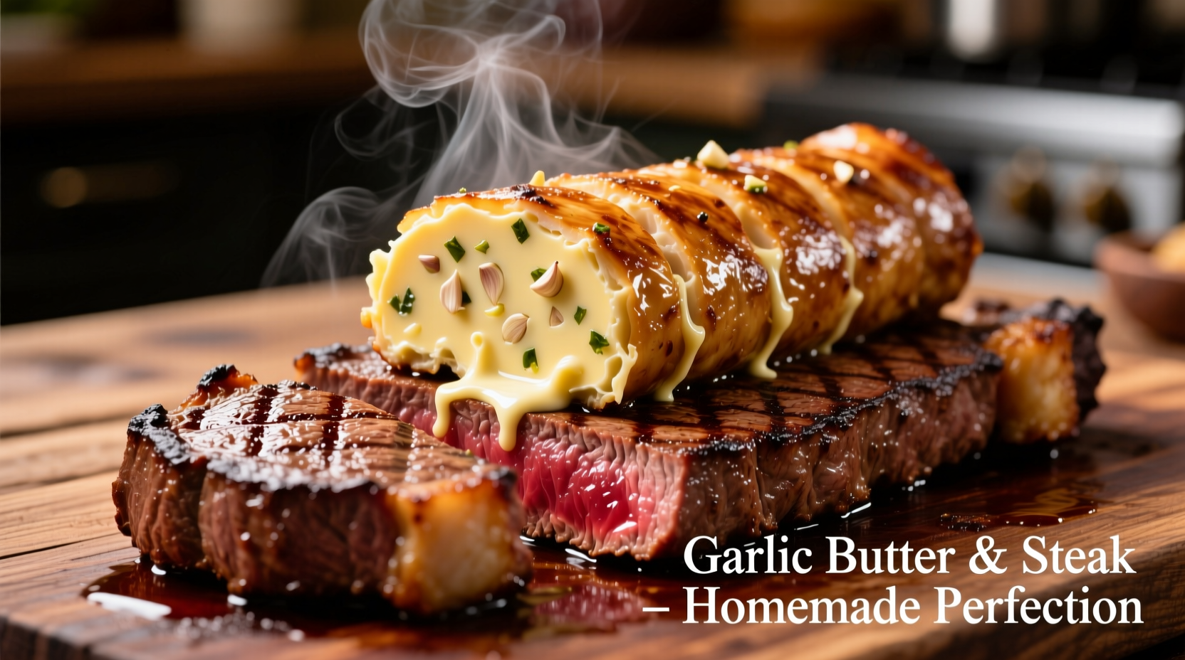 Homemade garlic butter log sliced onto sizzling steak