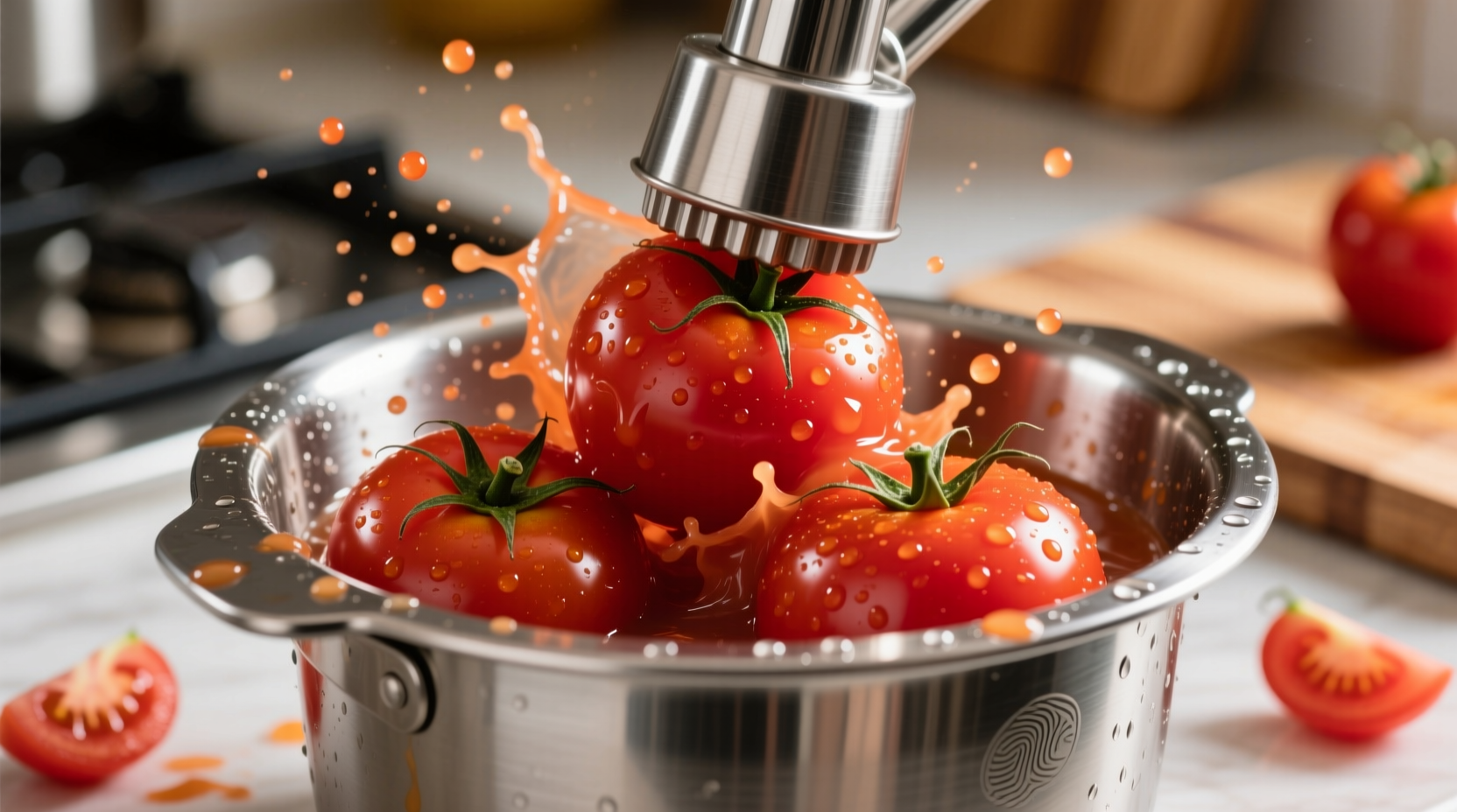 Fresh red tomatoes being juiced in stainless steel container