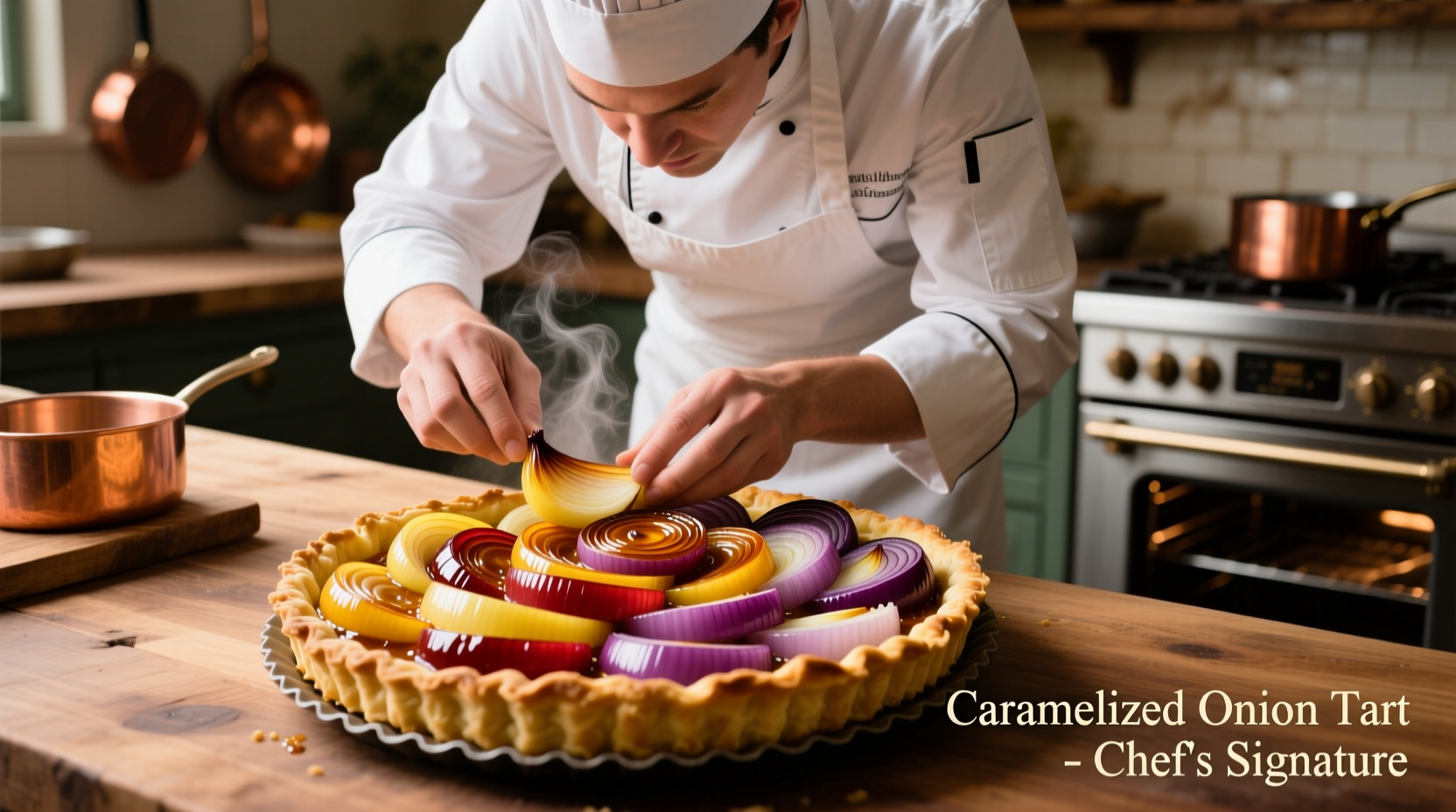 Chef preparing caramelized onion tart with multiple onion varieties