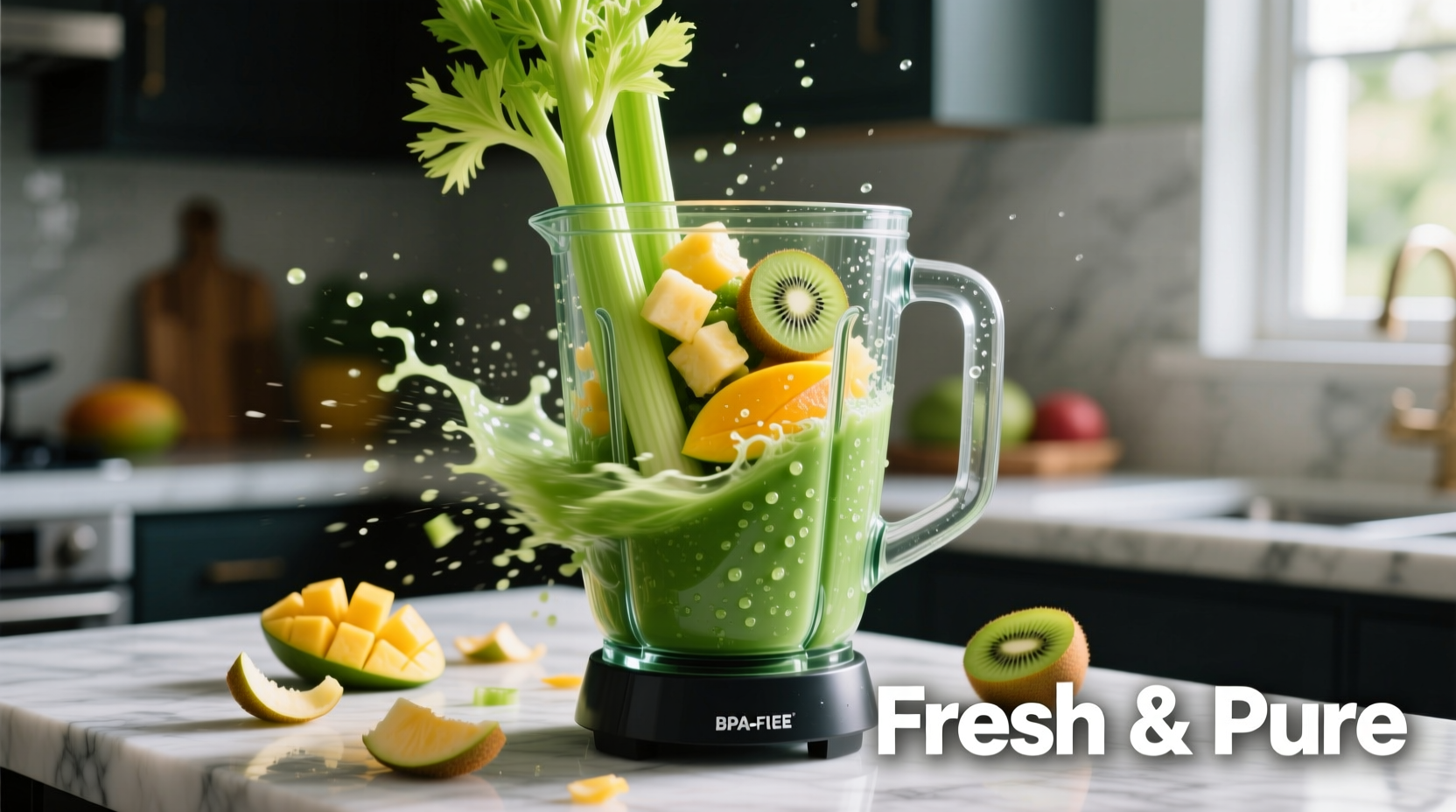 Fresh celery and tropical fruits in blender