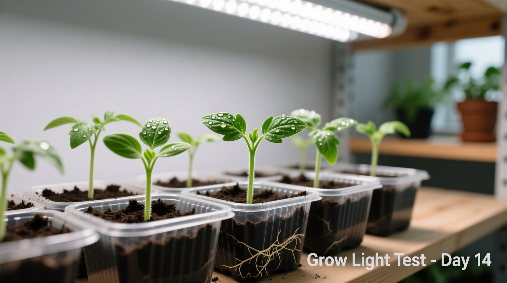 Tomato seedlings in starter trays with grow lights