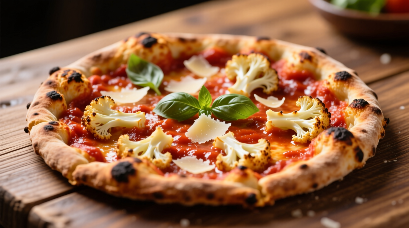 Crispy golden cauliflower pizza crust with tomato sauce