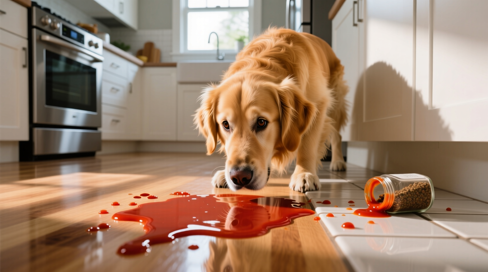 Golden Retriever looking at spilled tomato sauce on kitchen floor