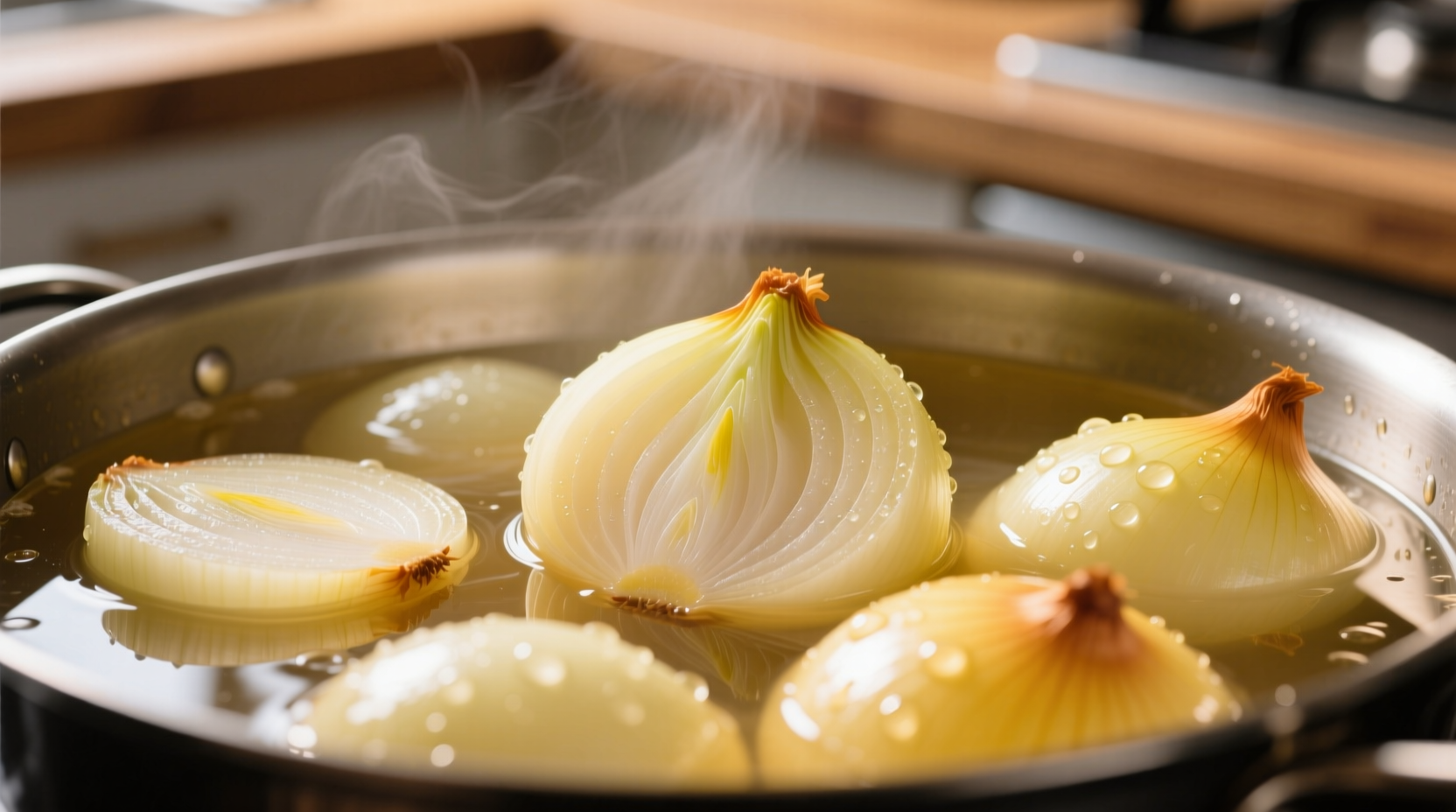 Perfectly boiled yellow onions in clear broth