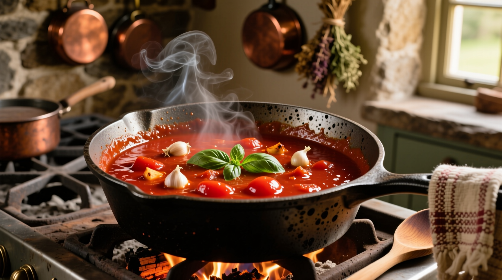 Rich red tomato gravy simmering in cast iron pot
