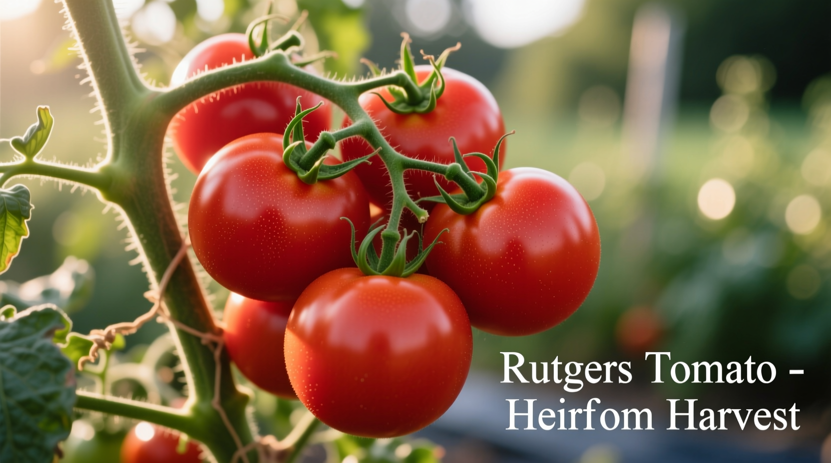 Ripe Rutgers tomatoes on vine with characteristic deep red color