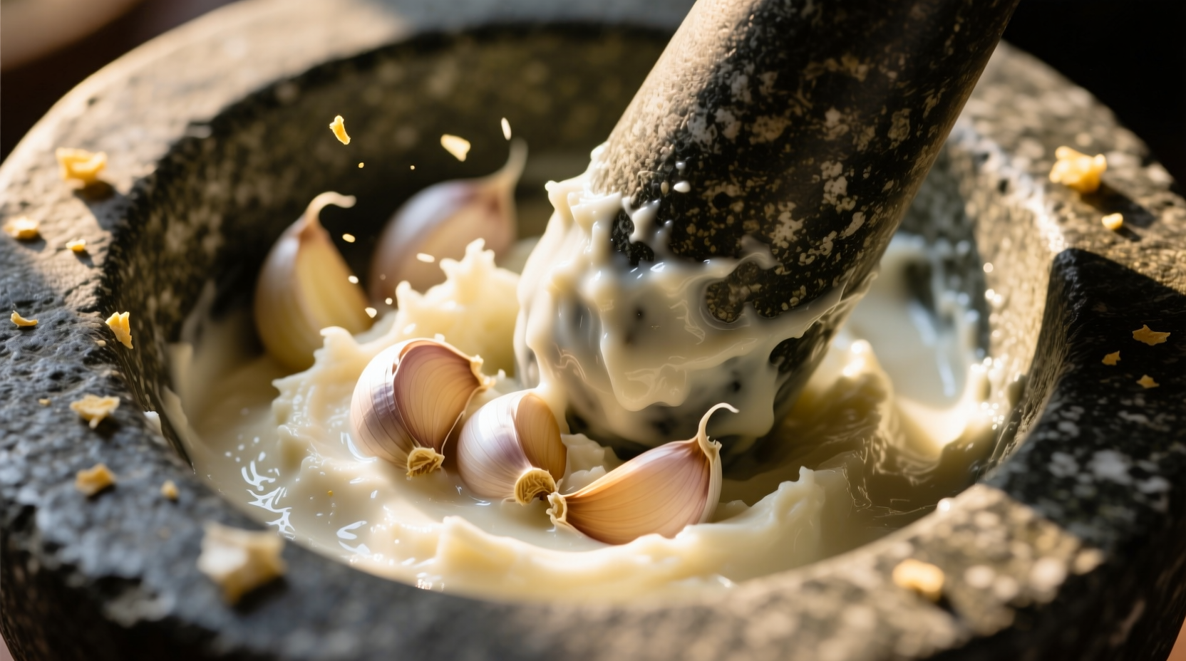 Fresh garlic paste in mortar with cloves