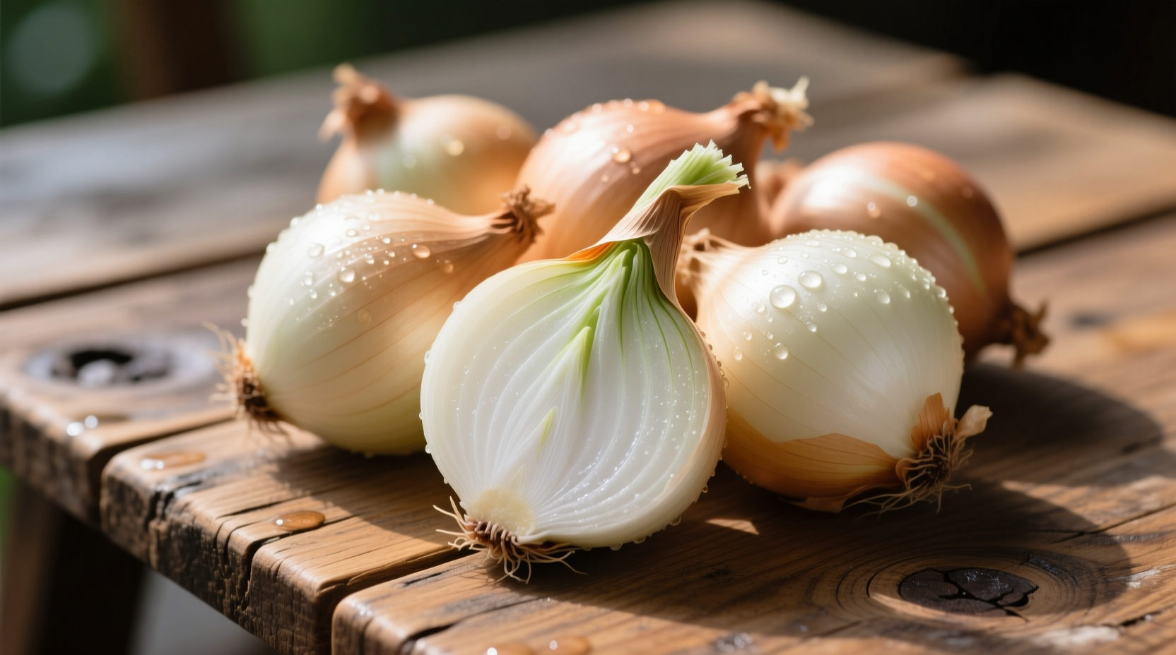 Fresh Vidalia onions with papery skin and white bulbs on wooden table