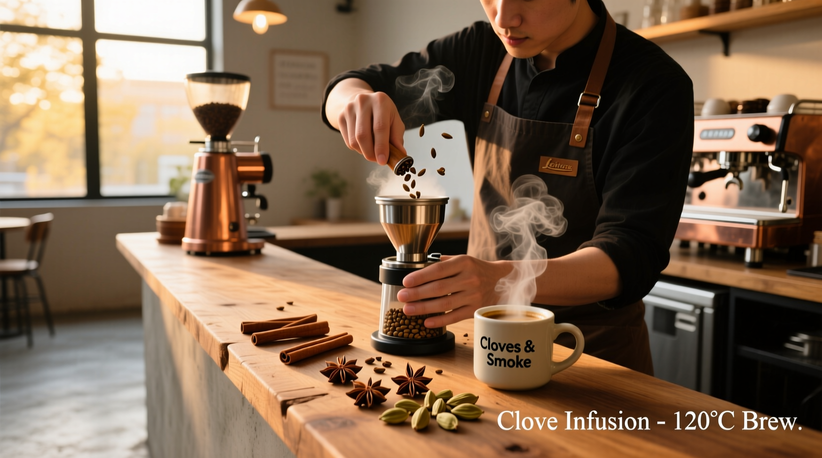 Barista preparing clove-infused coffee with whole spices