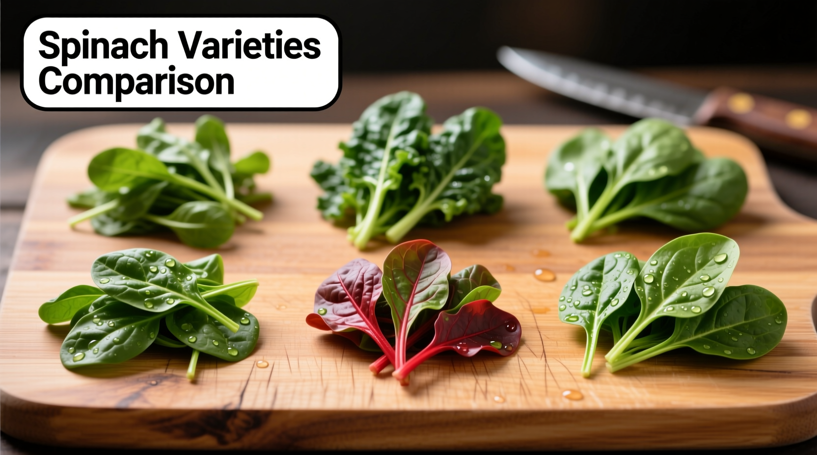 Fresh spinach varieties comparison on wooden cutting board