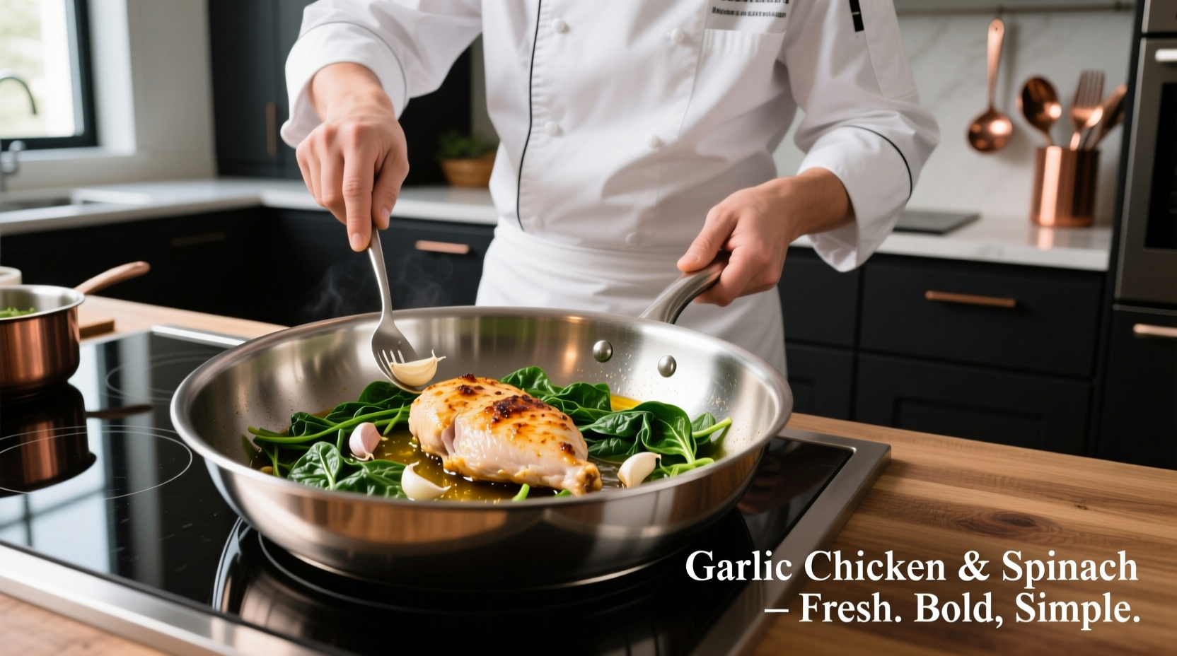 Chef preparing garlic chicken breast with spinach in stainless steel pan