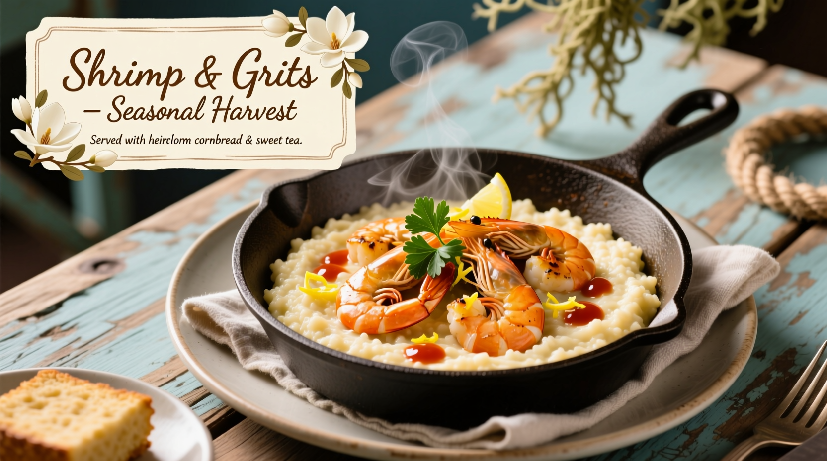 Seasonal Charleston menu featuring shrimp and grits