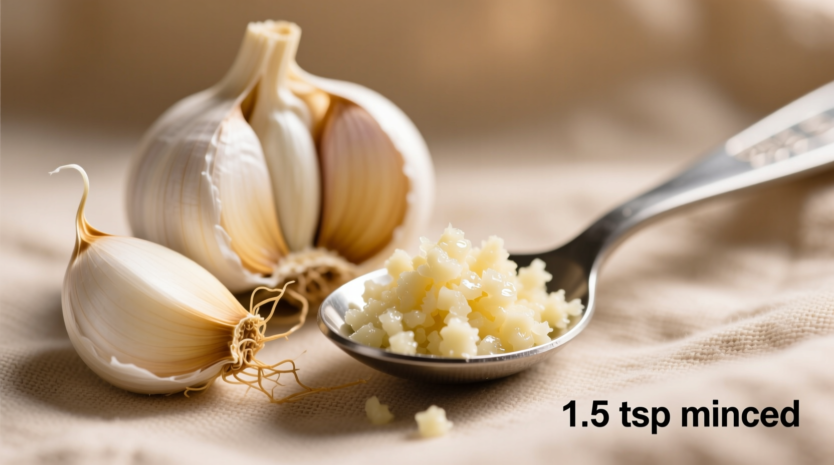 Three medium garlic cloves next to 1.5 teaspoons minced