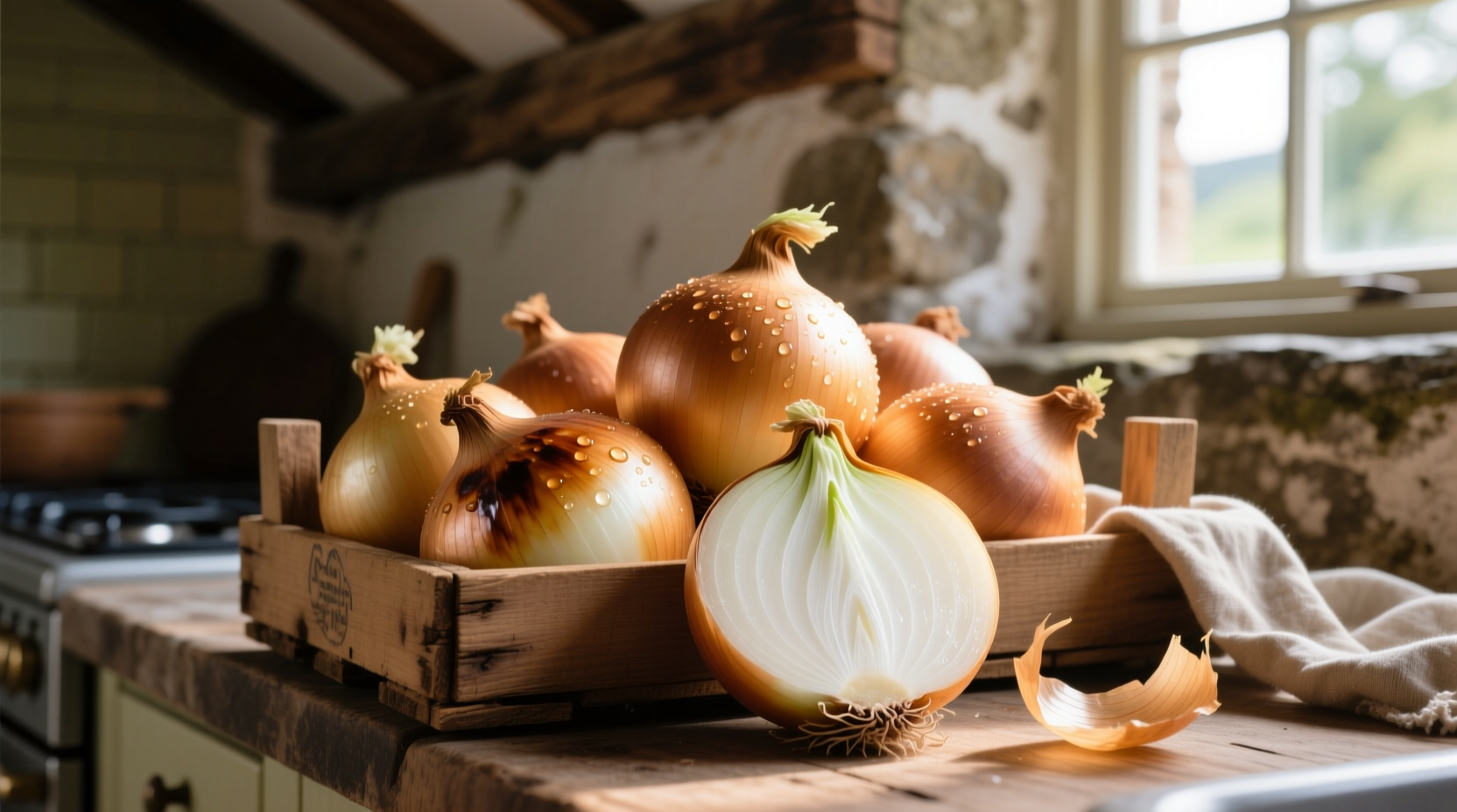 Fresh Ailsa Craig onions with golden skin and white flesh