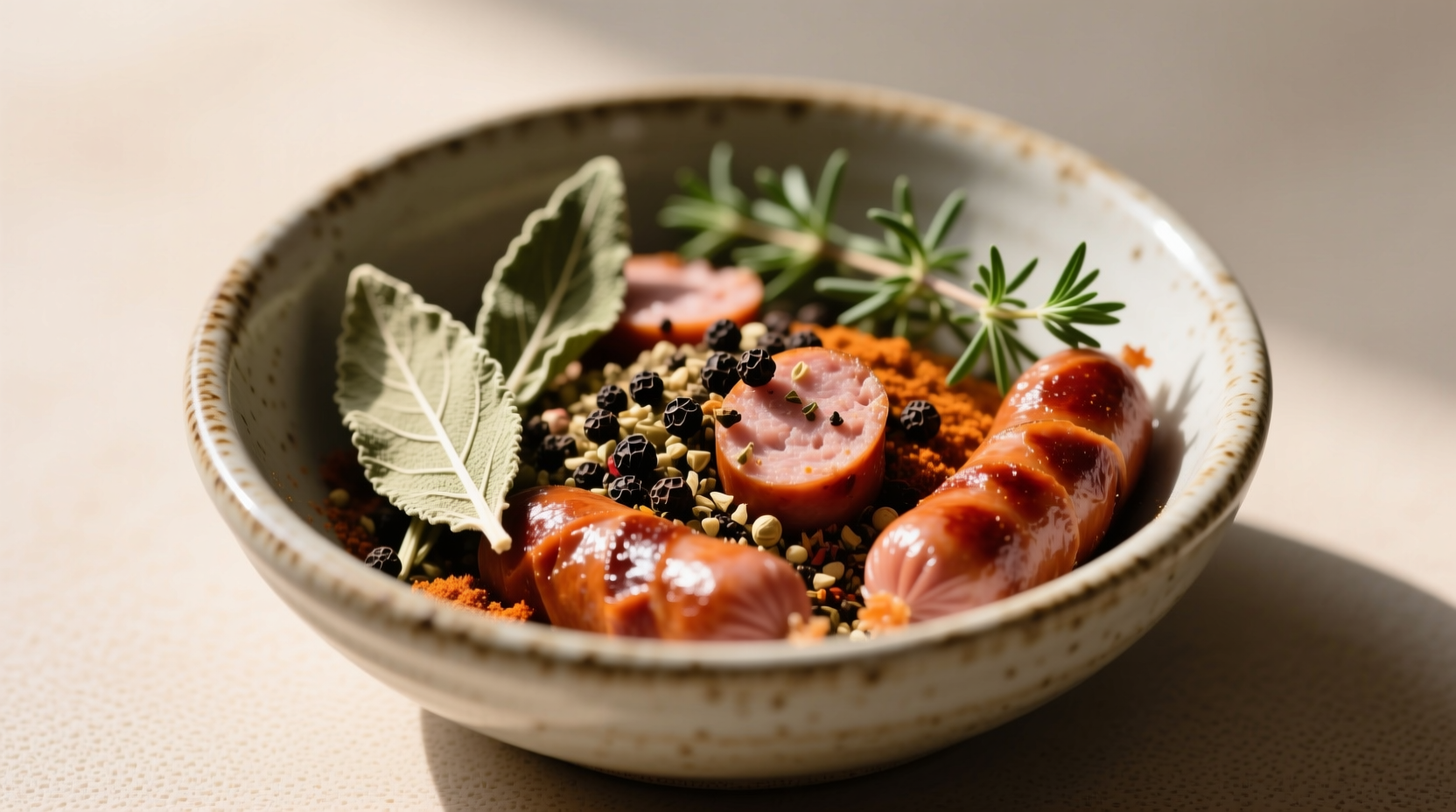 Close-up of spice mixture in ceramic bowl showing dried sage, thyme, and black pepper