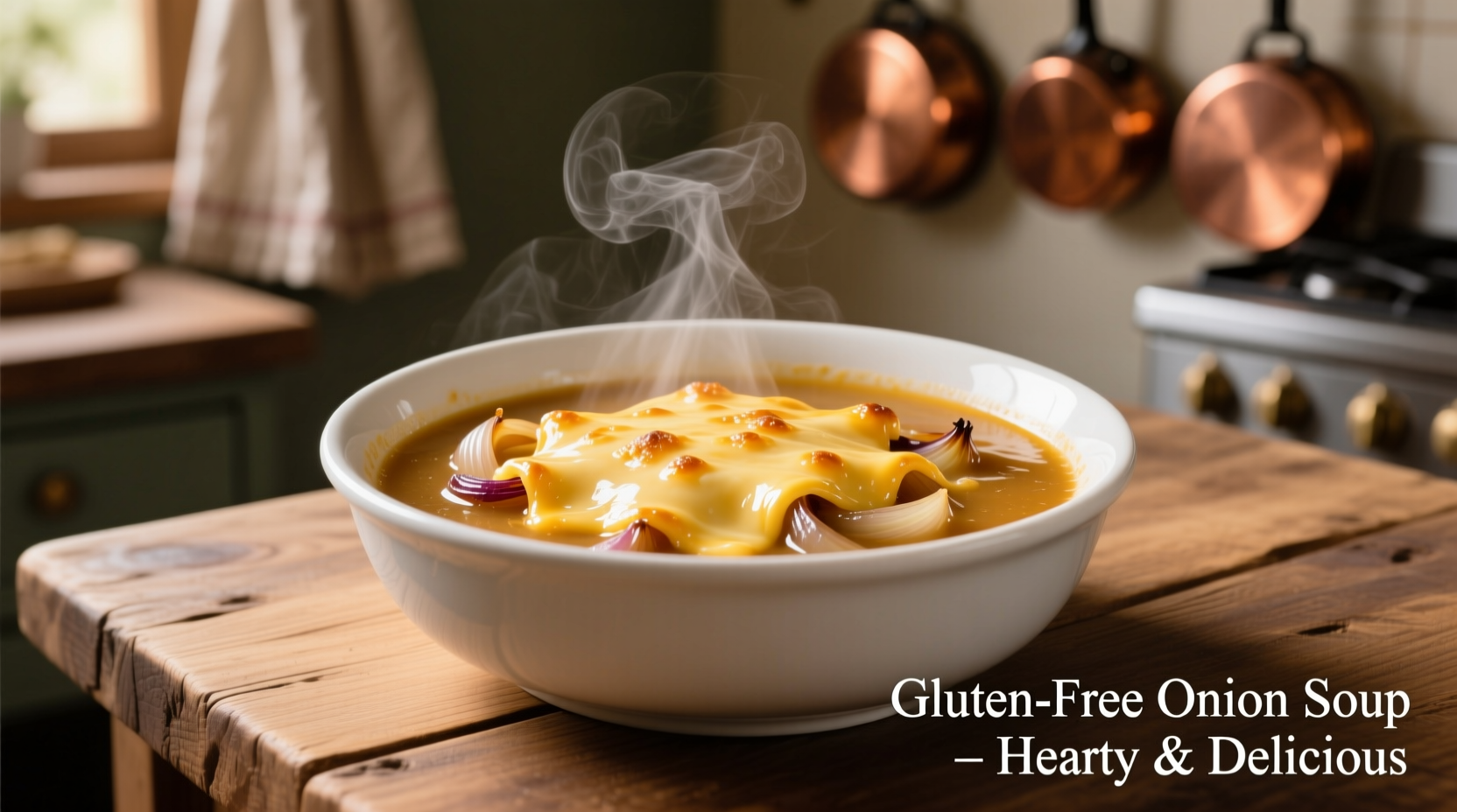 Gluten free onion soup in white bowl with melted cheese
