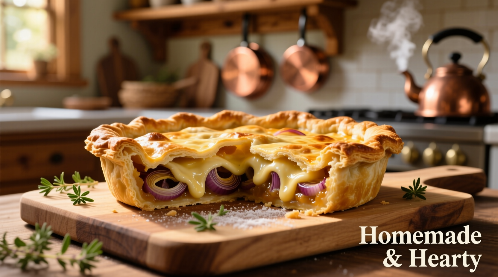 Golden cheese onion pie with flaky crust