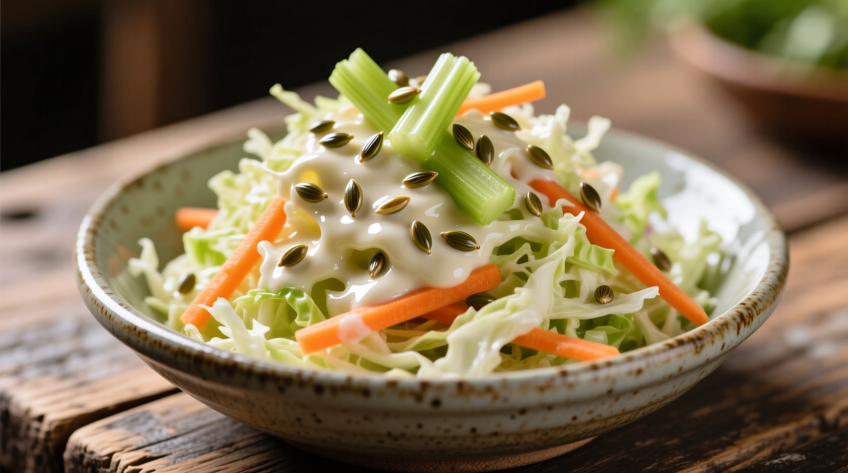 Fresh coleslaw with visible celery seeds in dressing