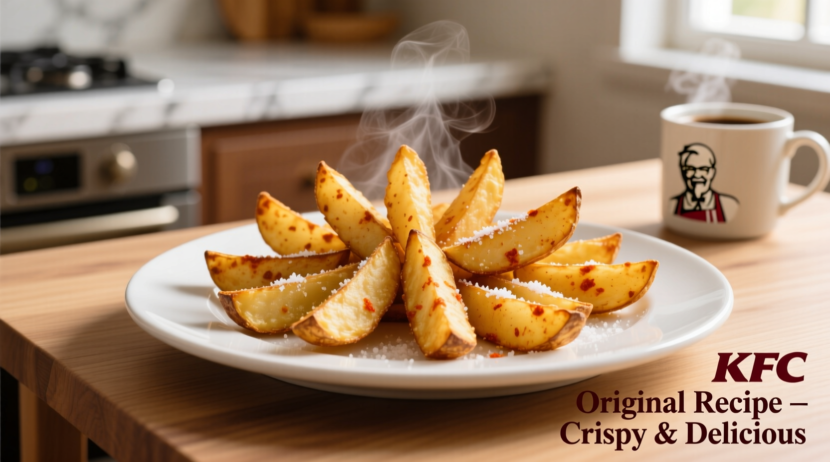 Golden brown KFC-style potato wedges on white plate