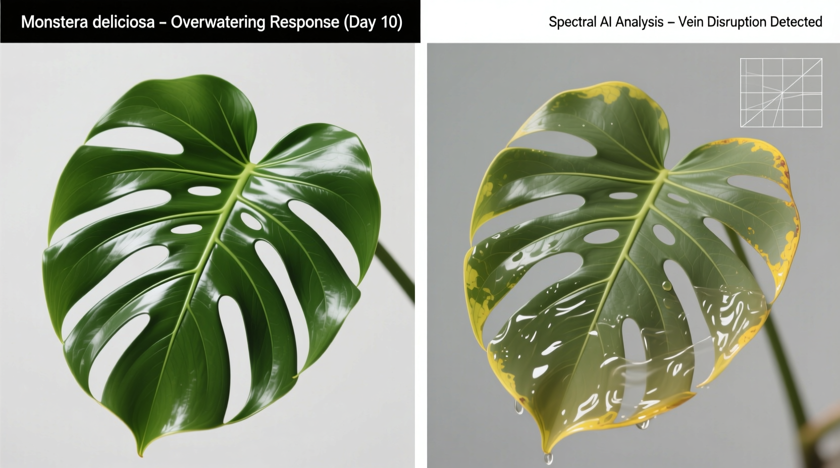 Side-by-side comparison: left shows healthy monstera leaf with uniform green tone and sharp venation; right shows same cultivar after 10 days of overwatering—subtle dullness, faint yellow halo at leaf margin, and blurred vein definition detectable only via spectral AI analysis